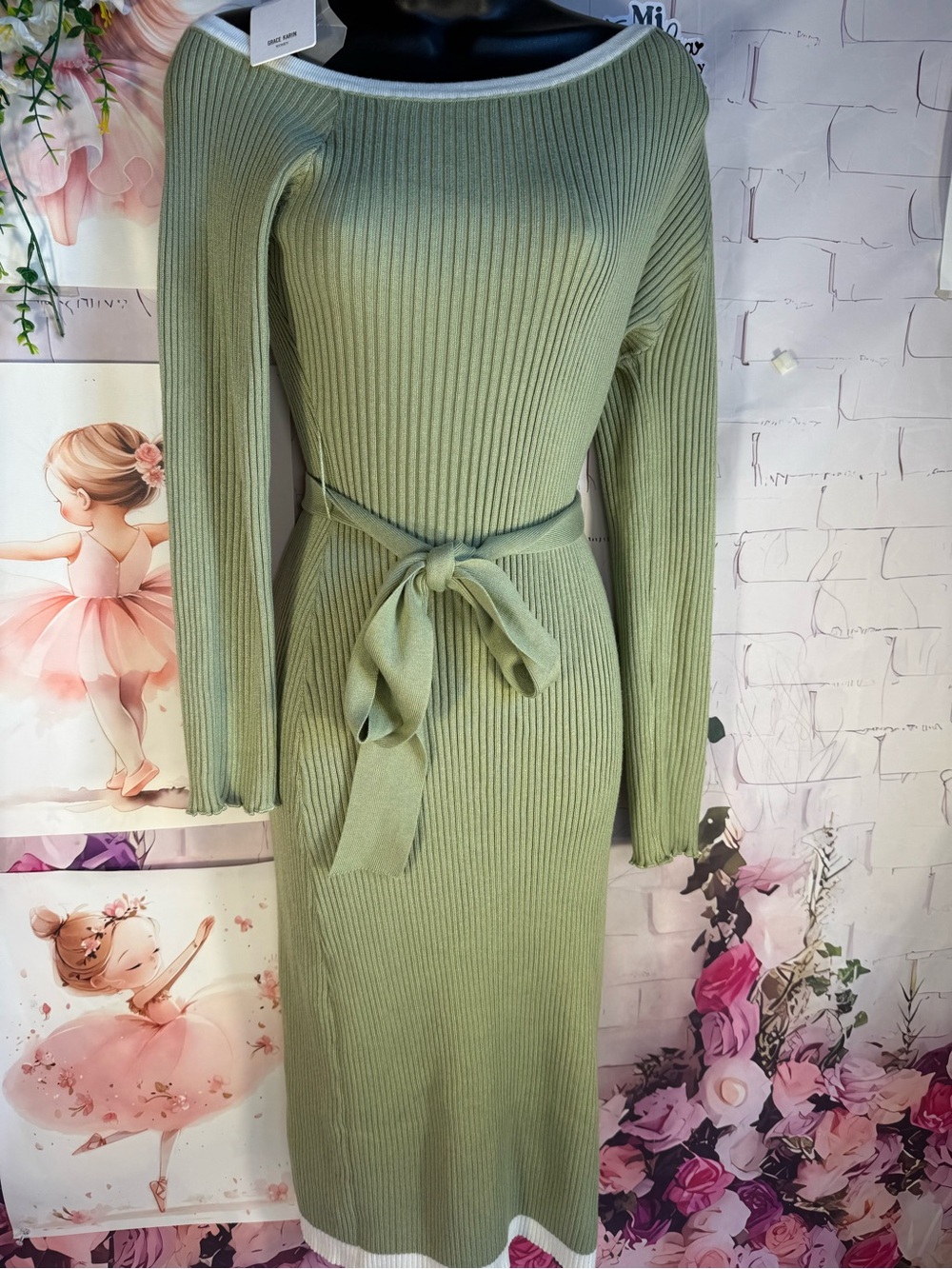 Grace Karin Sage Green Ribbed Midi Dress with Waist Tie
